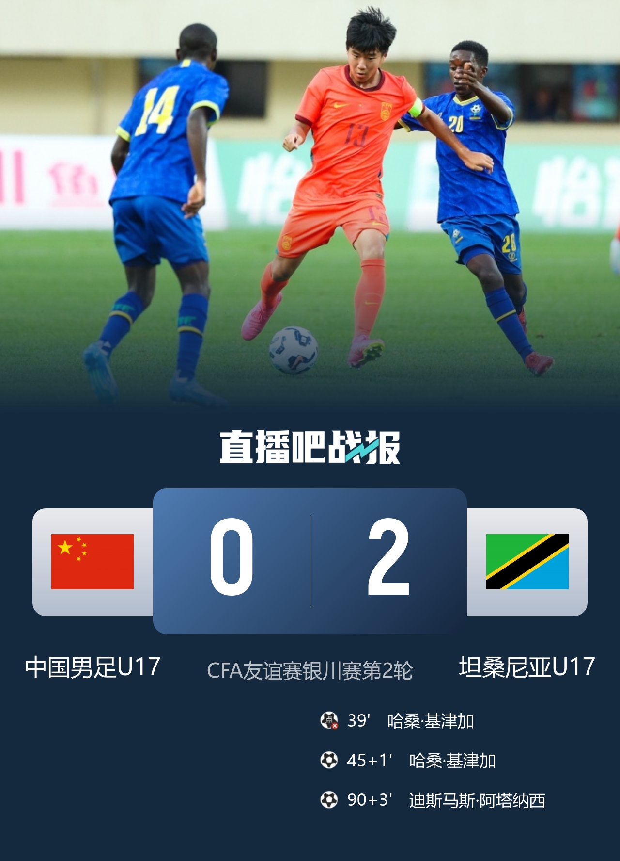U17国足0-2坦桑尼亚 基津加世界波+阿塔纳西补时锁定胜局