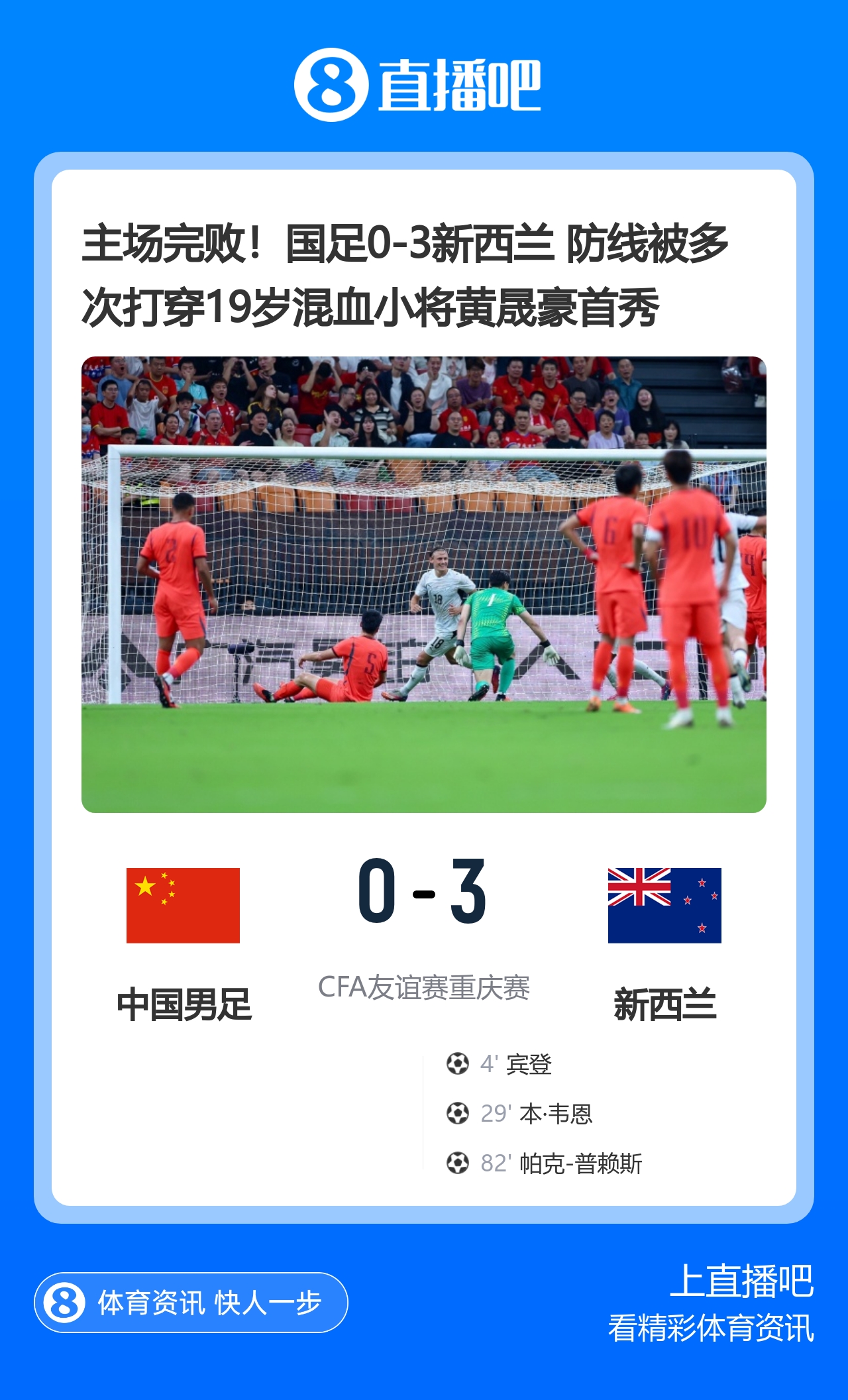 主场完败！国足0-3新西兰 防线被多次打穿19岁混血小将黄晟豪首秀